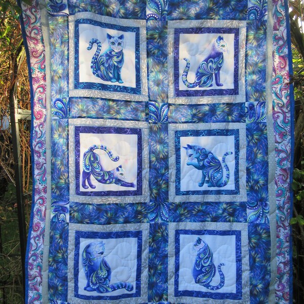 Cats Quilt, blue, purple, white, handmade in UK, ideal gift, lap quilt, sofa throw, bed cover, wall hanging, reversible, cat lover, animal