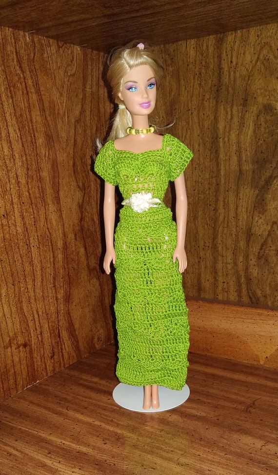 Hand Knitted 12 Fashion Doll Yellow Lacy Dress With White