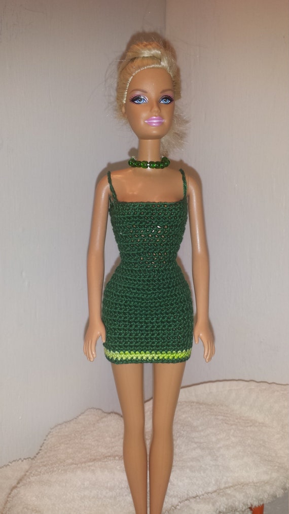 Handmade Barbie Clothes White Dress with Green Trim Fashion Doll Crocheted Clothing Crochet Barbie Dress