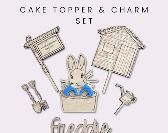 Peter Rabbit Cake Topper set | Personalised Charms | Boys | Wooden | Farm Themed | Gardening | Birthday | Christening | Baby Shower