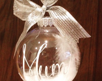 Memorial bauble, personalised bauble, feather bauble, in memory decoration, name ornament, memorial ornament, mum memorial, tribute