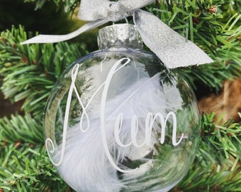 Memorial bauble, personalised bauble, feather bauble, in memory decoration, name ornament, memorial ornament, mum memorial, baby memorial