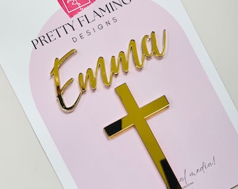 Cross Cake Charm & Name | Mirror Acrylic Cross Topper Christening Cake Topper Baptism Cake Charms Silver Gold First Holy Communion Charm