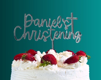 Christening Cake Topper | Personalised | Custom | Baptism | God Bless | Acrylic Cake Charm | Cross Cake Topper | Cake Décor | Gold Silver