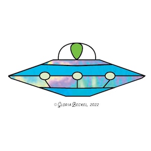 May include: A blue and green cartoon UFO with a tie-dye pattern. The UFO has three white circles on the bottom.