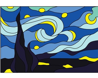 Starry Night Hobby License Intermediate to Advanced  Stained Glass Pattern - Van Gogh Fine Art History - Style - Digital PDF file - Design
