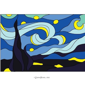 Starry Night Hobby License Intermediate to Advanced  Stained Glass Pattern - Van Gogh Fine Art History - Style - Digital PDF file - Design