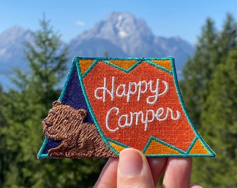 Happy Camper Patch - Iron on bear in tent Embroidered Badge