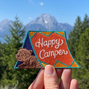 Happy Camper Patch - Iron on bear in tent Embroidered Badge