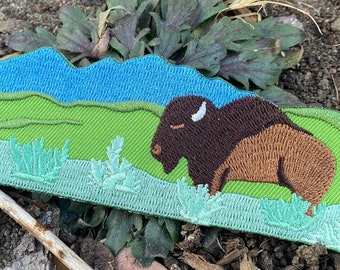 Yellowstone Bison and Mountains Patch - Iron on or Sew on Explorer Embroidered Badge