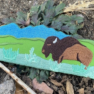 Yellowstone Bison and Mountains Patch - Iron on or Sew on Explorer Embroidered Badge