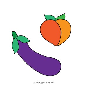 May include: A purple eggplant and a peach with green leaves. The eggplant is on the bottom left and the peach is on the top right.