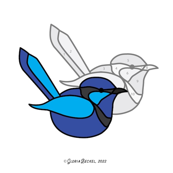 Fairy Wren Hobby License Beginner Stained Glass Pattern - Blue jay bird - Digital PDF file - cute decoration or easy suncatcher download