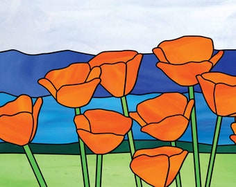 California Poppy and Mountains Hobby License Intermediate Advanced Stained Glass Pattern - Tiffany Style - Digital PDF file - Unique Design