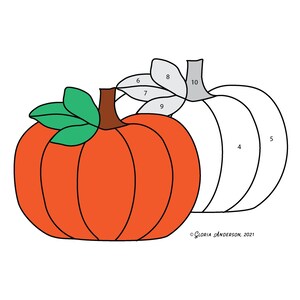 May include: An illustration of two pumpkins on a white background. One pumpkin is orange with green leaves, and the other is outlined in black and white. The image includes the text "GLORIA ANDERSON, 2021".