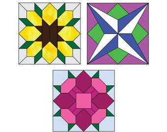 Three Quilt Squares Hobby License Beginner Intermediate Stained Glass Pattern Amish Style Digital PDF file Sunflower rose windmill geometric