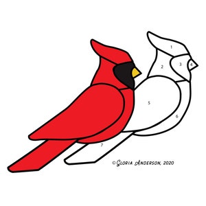 Puede incluir: Una ilustración de dos cardenales para colorear por números, uno rojo y otro blanco. El cardenal rojo está a la izquierda y el cardenal blanco a la derecha. La ilustración está numerada del 1 al 7, indicando las diferentes áreas para colorear.