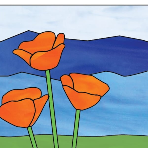 California Poppy and Mountains Hobby License Beginner Stained Glass Pattern - Tiffany Style - Digital PDF file - Unique Design