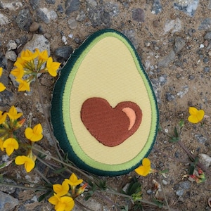 May include: A green avocado half with a brown heart embroidered on it. The avocado is on a bed of brown gravel with yellow flowers.
