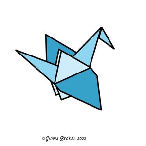 May include: A blue origami crane with black outlines. The crane is folded in a traditional style.