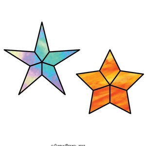 May include: Two five-pointed stars with a stained glass effect. The star on the left is a light blue, purple, and yellow color. The star on the right is a bright orange color.