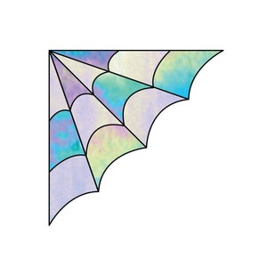 May include: A corner of a stained glass design in shades of purple, blue, and green. The design resembles a spider web.