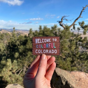 Colorful Colorado Welcome Sign Welcome to the Rocky Mountains Patch Adventure Awaits 3 x 2 Iron on Explorer Embroidered Badge image 3