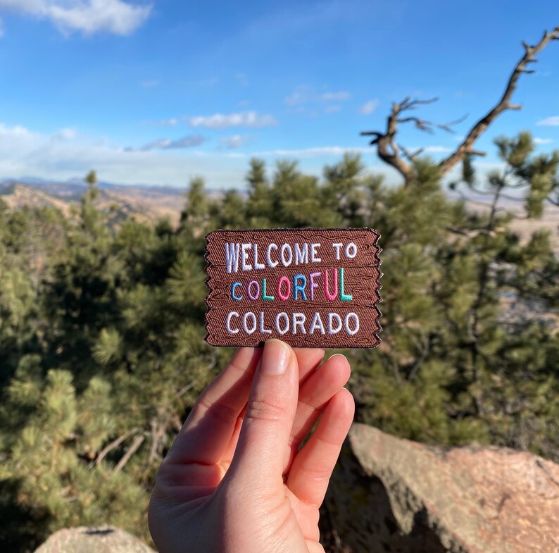 Colorful Colorado Welcome Sign Welcome to the Rocky Mountains Patch Adventure Awaits 3 x 2 Iron on Explorer Embroidered Badge image 3