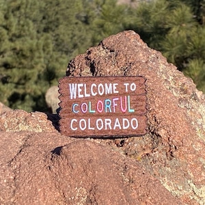Colorful Colorado Welcome Sign Welcome to the Rocky Mountains Patch Adventure Awaits 3 x 2 Iron on Explorer Embroidered Badge image 2