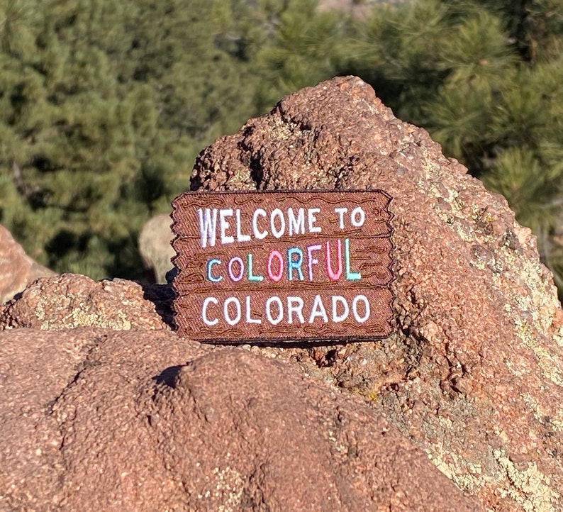 Colorful Colorado Welcome Sign Welcome to the Rocky Mountains Patch Adventure Awaits 3 x 2 Iron on Explorer Embroidered Badge image 2