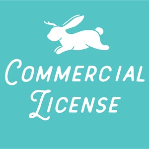 May include: A teal background with a white illustration of a rabbit with antlers. The words "COMMERCIAL LICENSE" are written in white, stylized font.