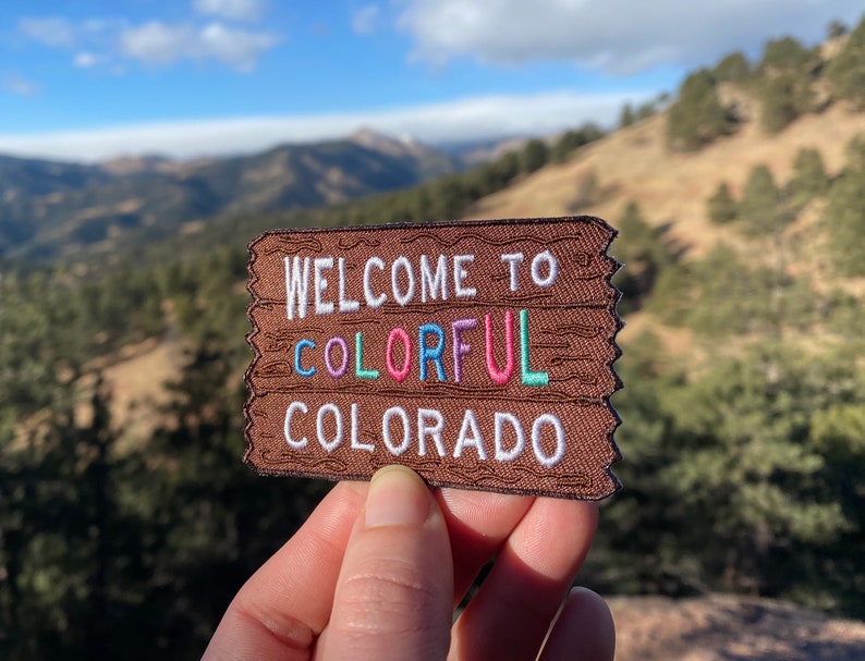 Colorful Colorado Welcome Sign Welcome to the Rocky Mountains Patch Adventure Awaits 3 x 2 Iron on Explorer Embroidered Badge image 4