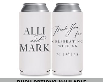 Elegant Wedding Slim Can Coolers, Thank You for Celebrating With Us, Personalized Favors