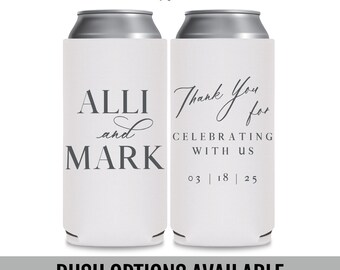 Wedding Slim Can Coolers for Elegant Weddings — Thank You For Celebrating With Us Unique Wedding Favors for Guests in Bulk