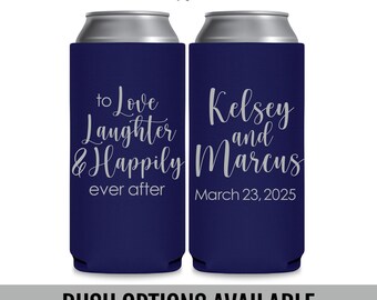 Whimsical Garden Wedding Slim Can Coolers, To Love Laughter and Happily Ever After, Personalized