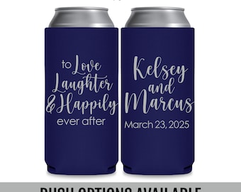 Wedding Slim Can Coolers — To Love Laughter & Happily Ever After Fairytale Wedding Favors for Guests in Bulk