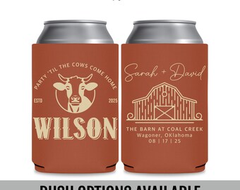 Personalized Barn Wedding Can Coolers, Rustic Farm Party Favors, Let's PartyTil The Cows Come Home