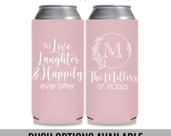 Fairytale Wedding Slim Can Coolers — To Love Laughter & Happily Ever After Personalized Wedding Favors for Guests in Bulk