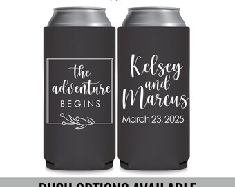 Destination Wedding Slim Can Coolers, The Adventure Begins Travel Favors, Personalized