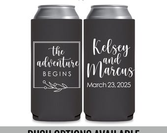 Personalized Wedding Slim Can Coolers — The Adventure Begins Destination Wedding Favors for Guests in Bulk