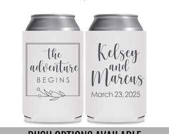 Personalized Wedding Can Coolers — The Adventure Begins Destination Wedding Favors for Guests in Bulk