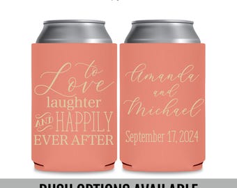 Custom Wedding Can Coolers — To Love Laughter & Happily Ever After Fairytale Wedding Favors for Guests in Bulk
