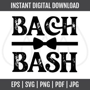 May include: A black digital graphic design featuring the text BACH BASH in a distressed serif font. A solid black bow tie icon is centered between the two words, positioned on a horizontal line. The design is presented on a plain white background.