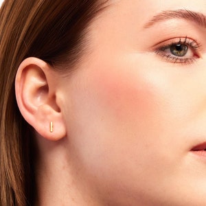 May include: A close-up shot of a person's face, showcasing a pair of small, gold bar stud earrings. The earrings are simple and elegant, adding a subtle touch of sophistication. The person has fair skin and brown hair.