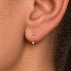May include: A pair of small, silver-toned stud earrings featuring tiny, clear, round-cut stones. The earrings are positioned vertically on the earlobe, with one stud placed slightly above the other, creating a minimalist, double-pierced look.
