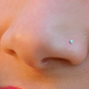 May include: A close-up of a person's face with a small, clear nose ring stud. The person is smiling and has pink lipstick on.