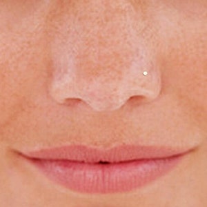 May include: Close-up of a person's face with a small, clear nose piercing.