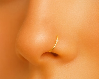 Dainty 14K Gold Nose Hoop with Tiny CZ Stone, Delicate Thin Gold Nose Ring, Minimalist Tiny Stone Nostril Hoop