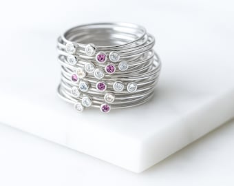 Thin silver stacking ring with stones, 1mm sterling silver dainty ring, tiny minimalist stacking band, delicate skinny silver ring
