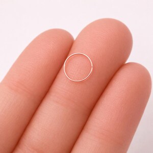 K&ouml;nnte beinhalten: Ein kleiner, ros&eacute;goldfarbener Nasenring. Der Ring ist ein einfacher, d&uuml;nner Kreis und wird zwischen zwei Fingern gehalten. Der Ring ist ein zartes Schmuckst&uuml;ck.